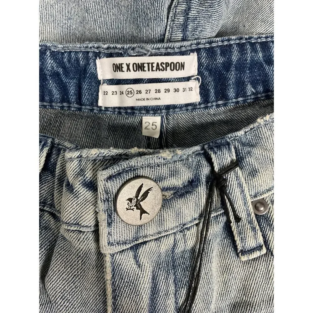 One‎ x One Teaspoon High Waist Mom Fit Intentionally Distressed Denim Shorts 25